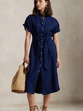 Polo Ralph Lauren Navy Blue 100% Linen Belted Shirt Dress Red Pony Small S